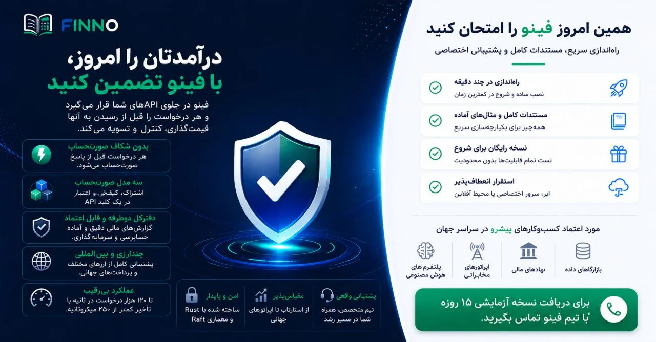 درآمدتان را امروز با فینو تضمین کنید — بدون شکاف صورتحساب، سه مدل پرداخت، دفتر کل دوطرفه و عملکرد زیر ۲۵۰ میکروثانیه