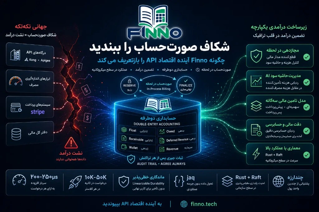 اینفوگرافیک فینو: شکاف صورتحساب را ببندید — از جهان تکه‌تکه درگاه API، اندازه‌گیری مصرف، پرداخت و دفتر کل جدا به زیرساخت درآمدی یکپارچه با صورتحساب در لحظه، حسابداری دوطرفه و عملکرد میکروثانیه.